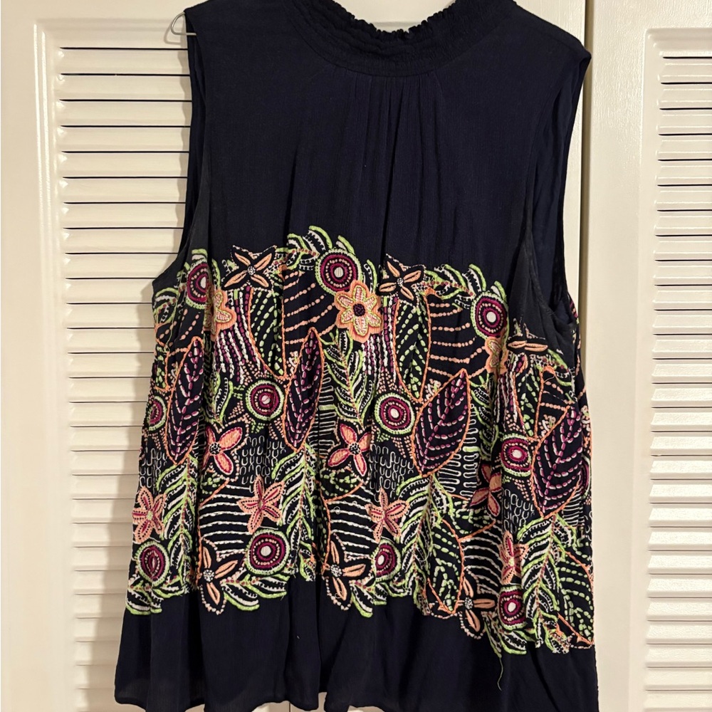 Kaari Blue Navy Floral Embroidered Blouse